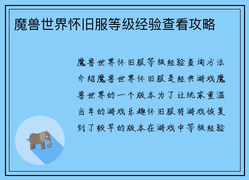 魔兽世界怀旧服等级经验查看攻略