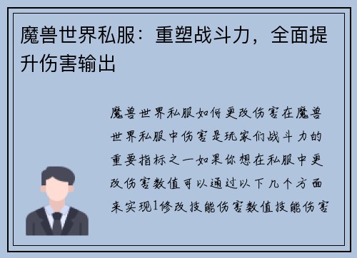 魔兽世界私服：重塑战斗力，全面提升伤害输出
